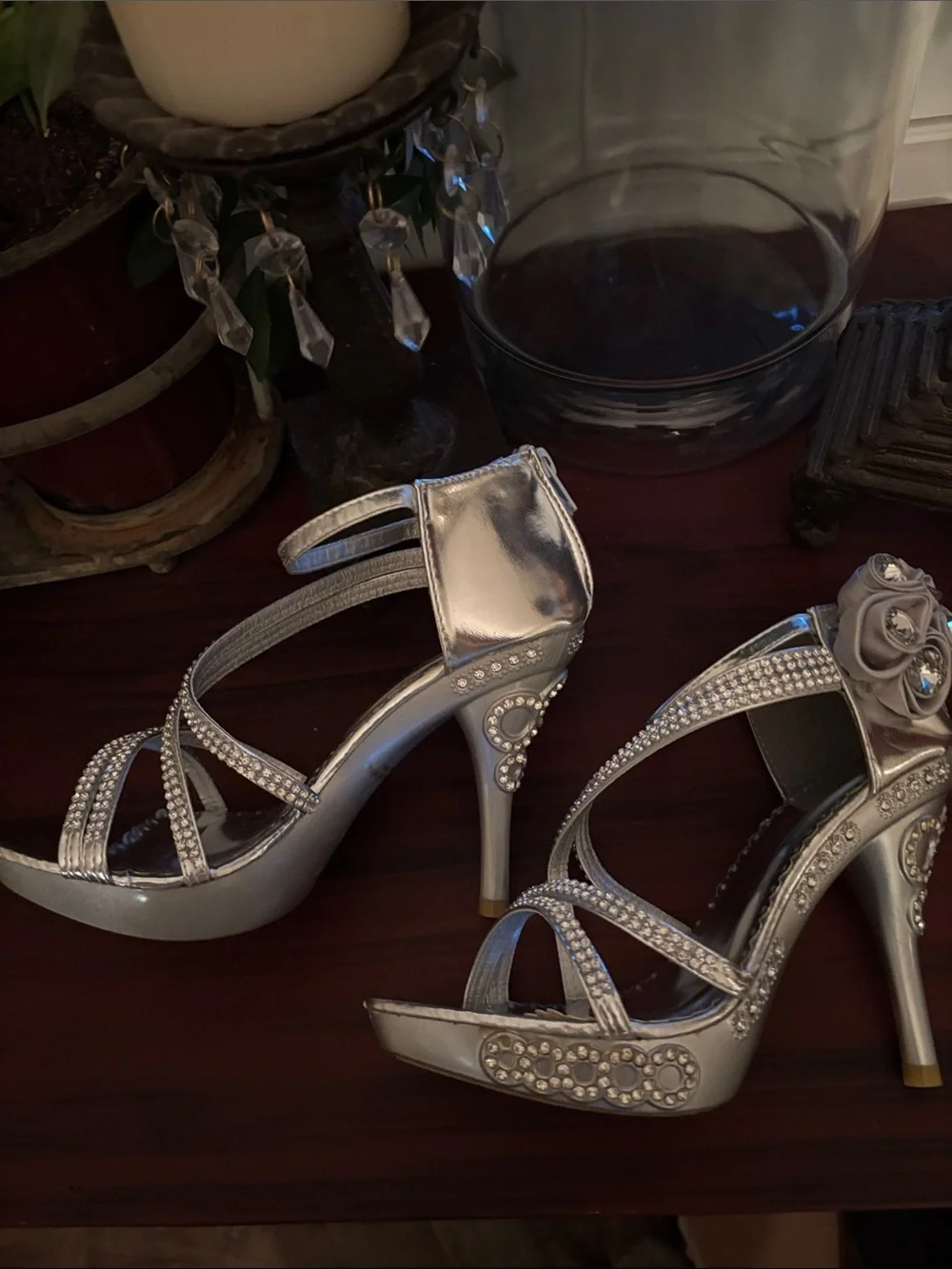 Glamour Silver Crystal-Strap Floral Accent High Heel Sandals